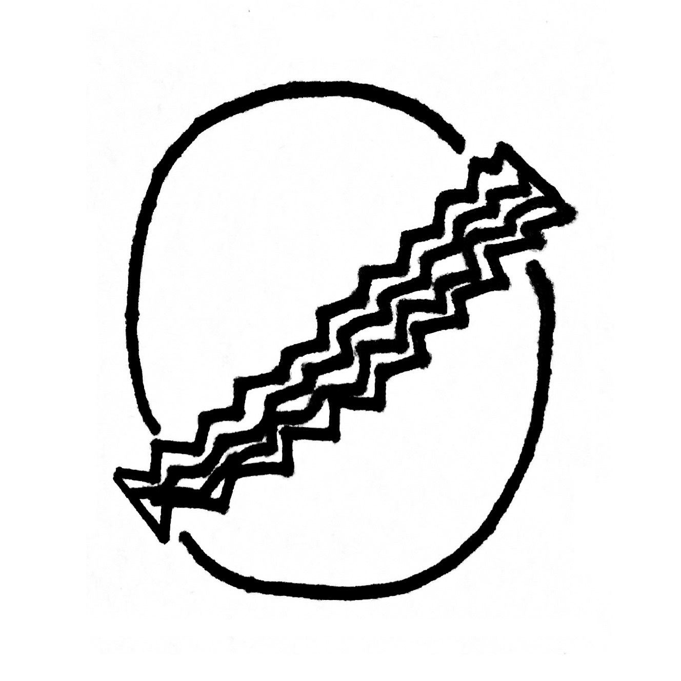 A sketch of the number 0 with a thick zig zag slash across the front.