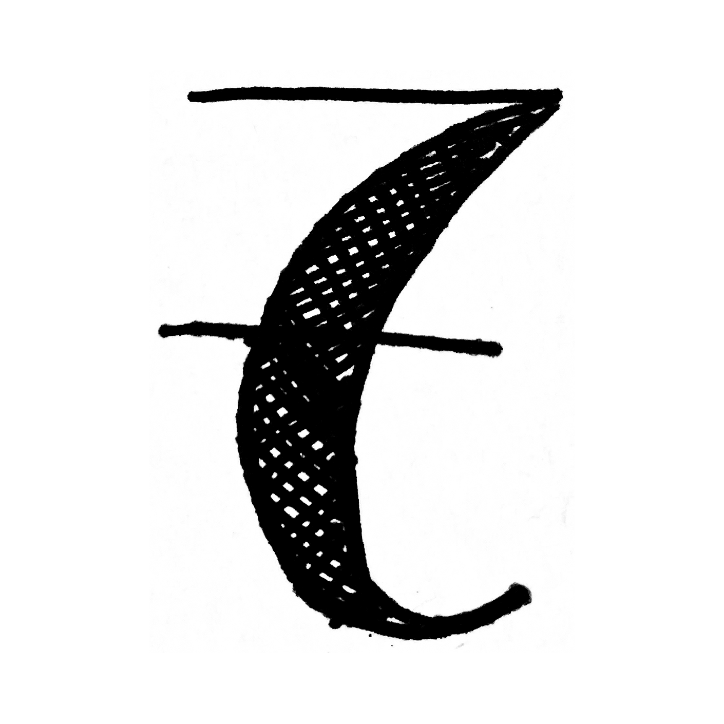 A sketch of the number 7 with high contrast between thick and thin strokes.
