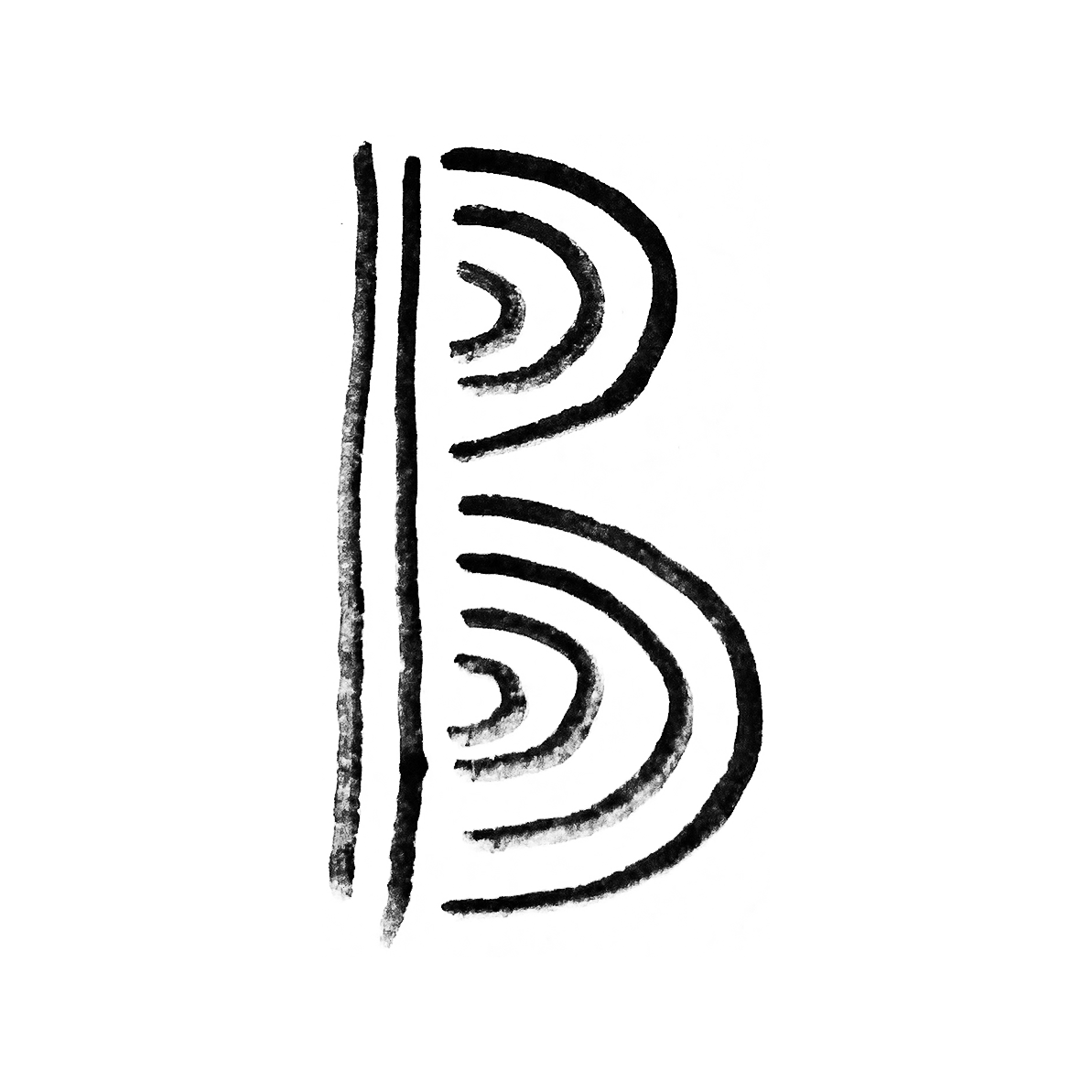 A sketch of the letter B drawn using repeating curved and straight lines.