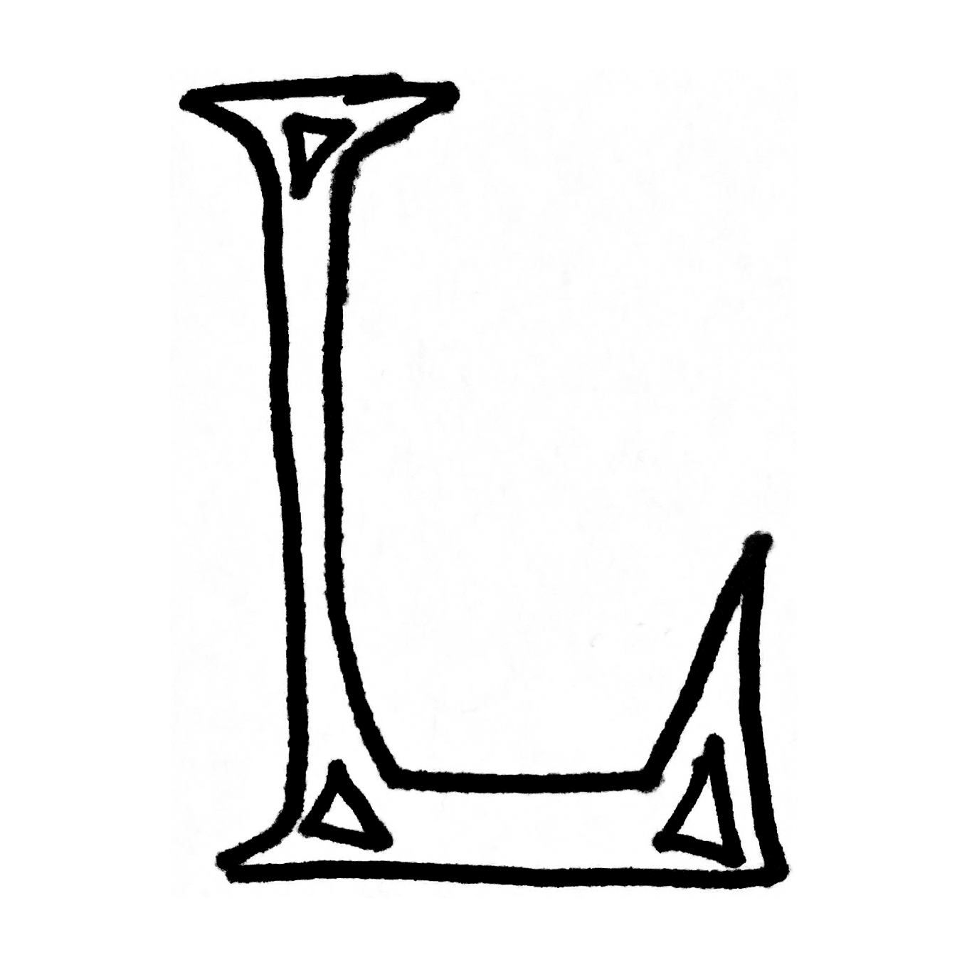 A sketch of the letter L with spiky serifs and triangle inlays.