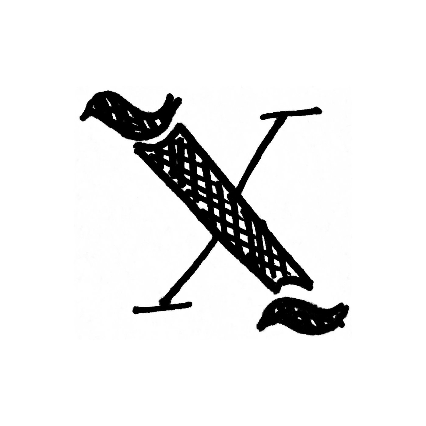 A sketch of the letter X with on crossbar in a blackletter style and the other in a regular serif style.