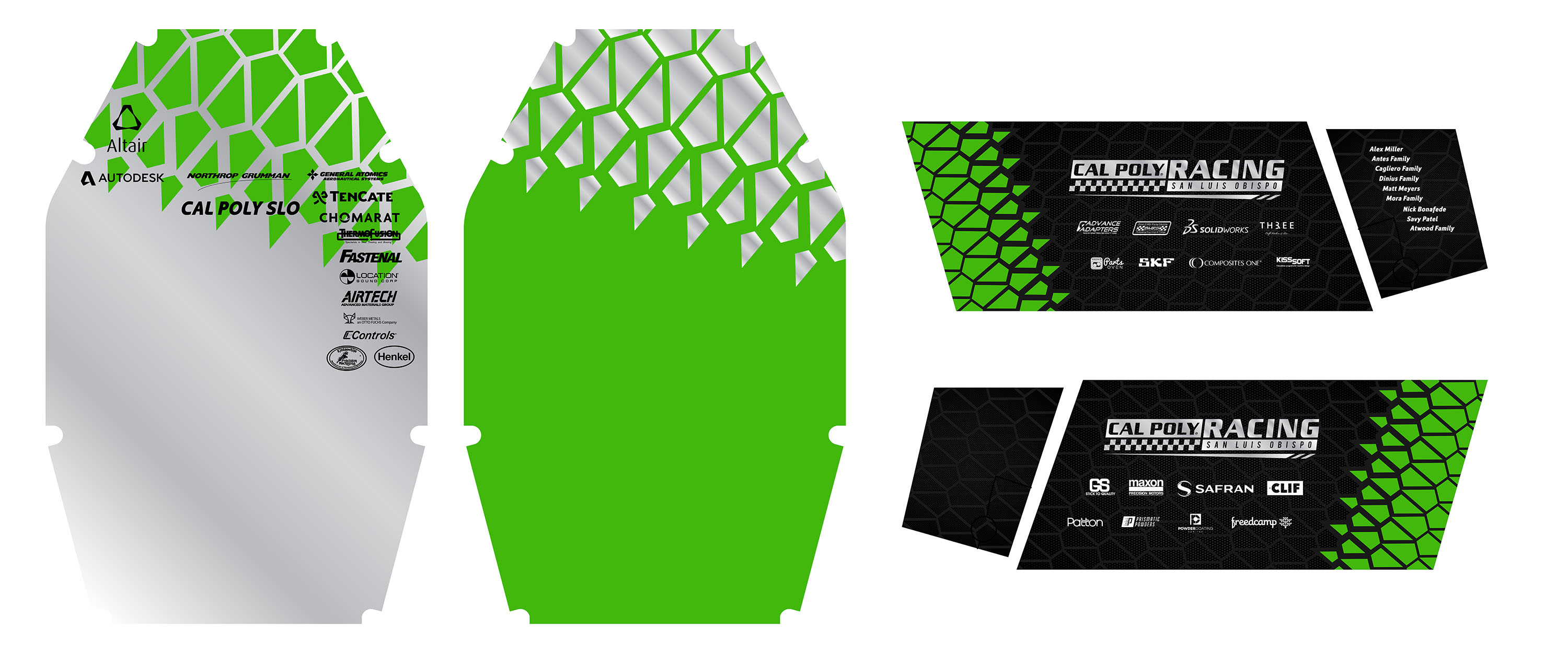 The the firewall and side panels covered in an angular geometric pattern and sponsor logos.