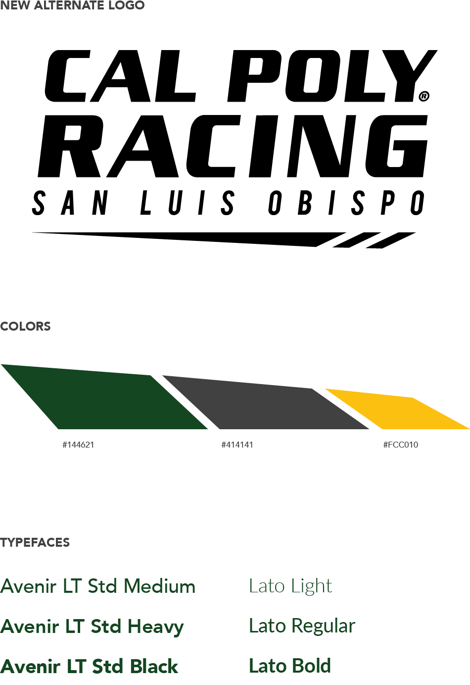 The new stacked Cal Poly Racing logo, the brand color swatches with hex codes, and the brand typefaces: Avenir and Lato.