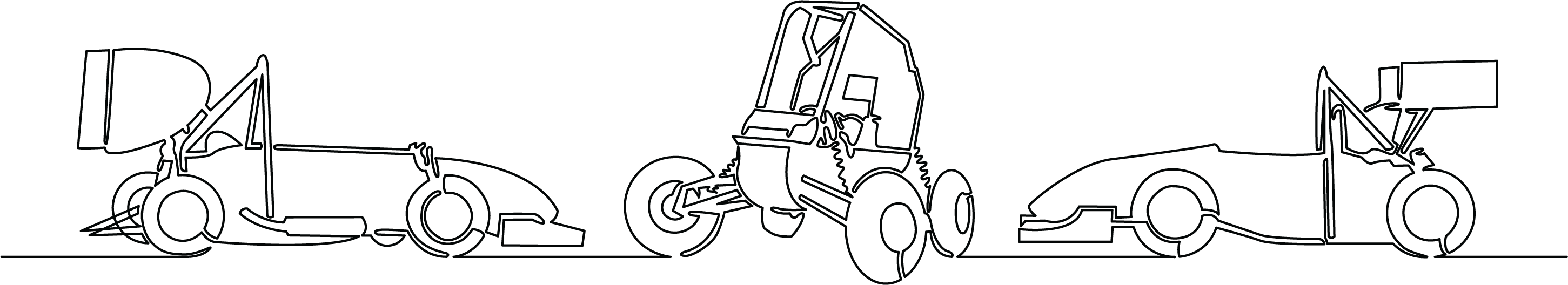 An illustration of the three Cal Poly Racing cars drawn with a single line.