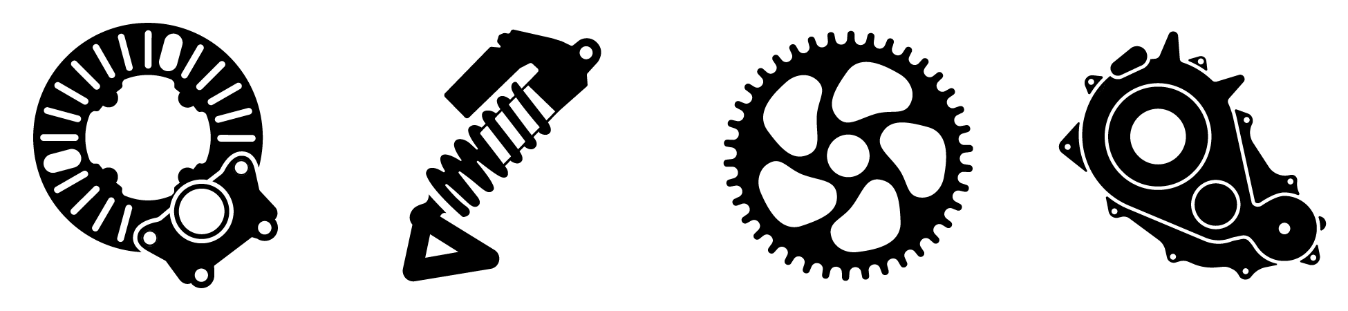 Illustrations of a brake rotor, a suspension rocker, a gear, and a gearbox.