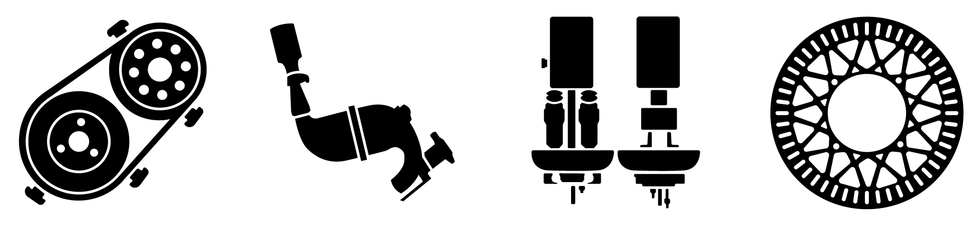 Illustrations of a CVT, a fuel intake, gas and break pedals, and a brake rotor.