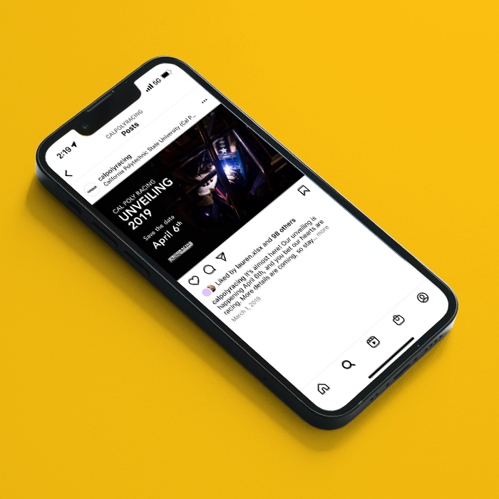 An iPhone showing an Instagram post for Cal Poly Racing’s 2019 Unveiling Ceremony.