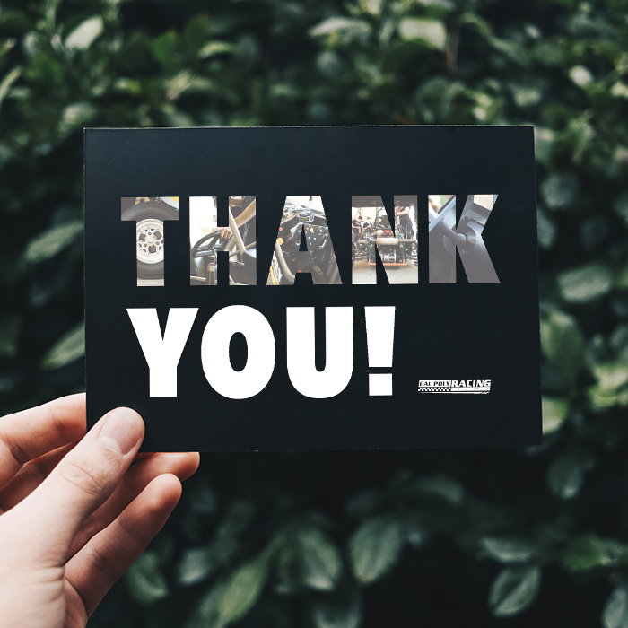 A black card with the phrase ‘Thank you!’ in bold letters. Each letter in the word ‘thank’ is filled with a different photo of the cars