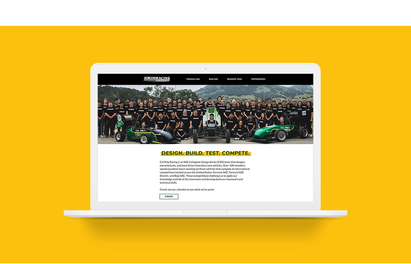 A laptop showing different pages of the Cal Poly Racing website.