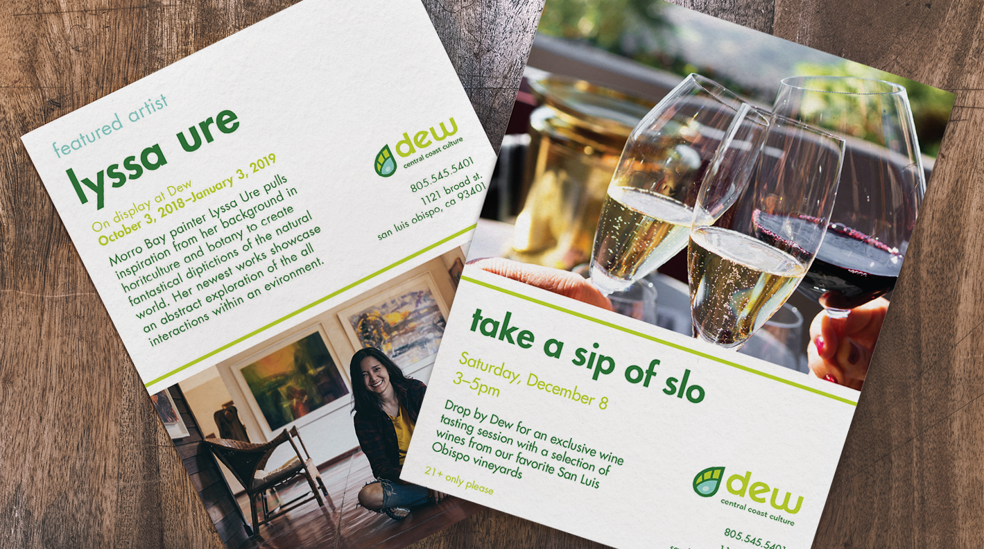 Two flyers for events at Dew: a gallery showing and a wine tasting. Each flyer contains information and images relevant to the event.
