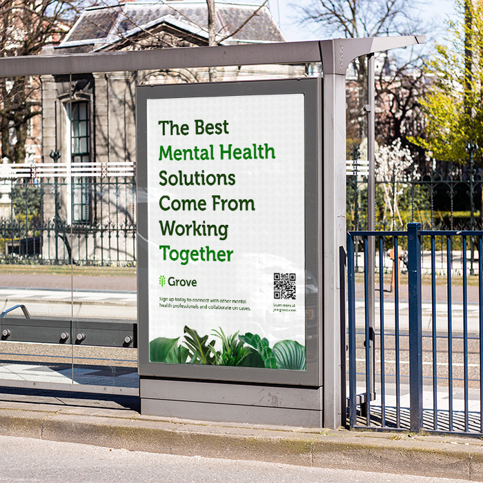 A bus stop advertisement the reads “The best mental health solutions come from working together”.