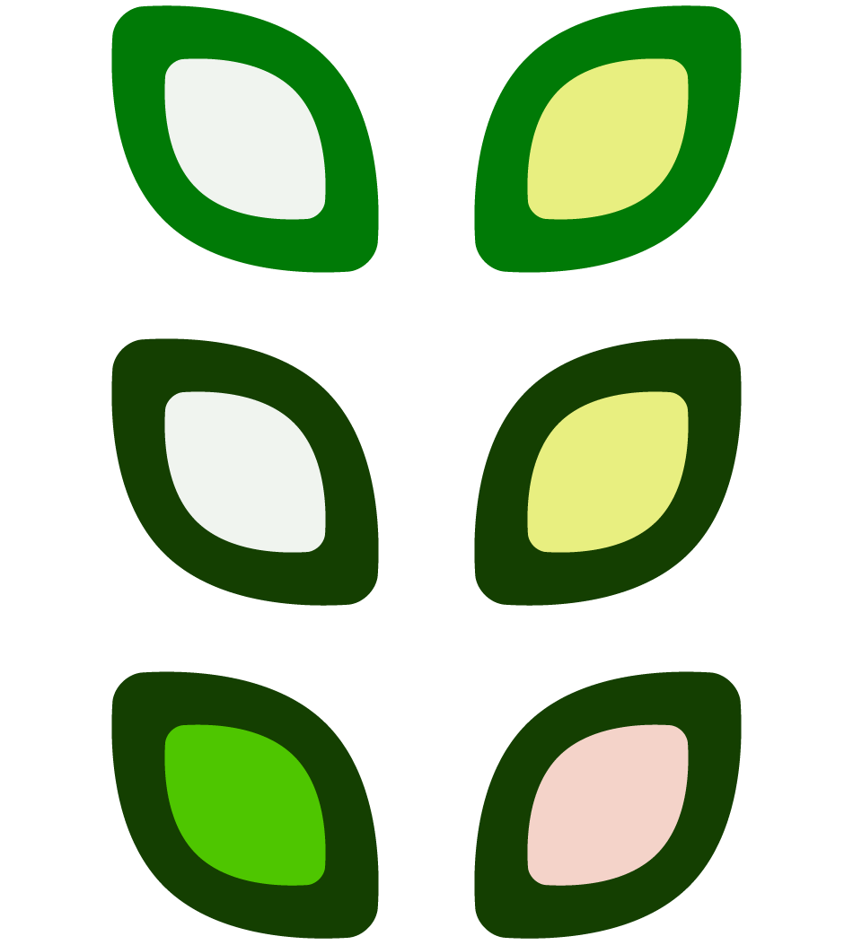 Six leaf shapes showing different Grove color combinations.