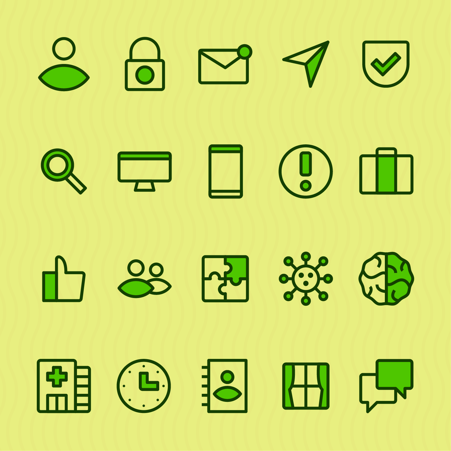A set of 20 icons arranged in a five by four rectangle against a yellow background with wavy lines.
