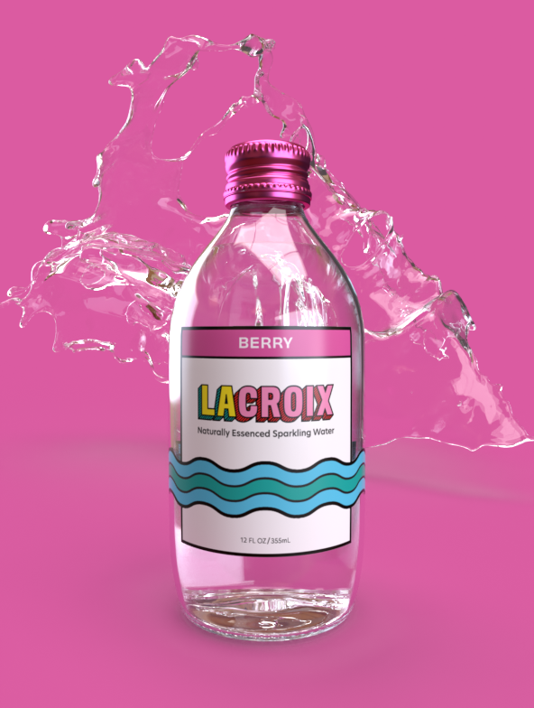 A rebranded glass bottle of berry flavored LaCroix with a splash of water in the background.