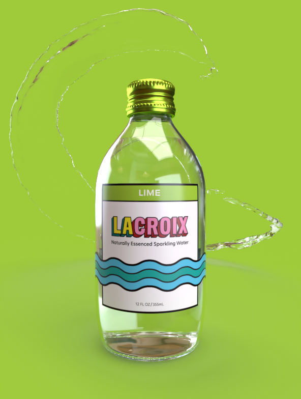 A rebranded glass bottle of lime flavored LaCroix with a splash of water in the background.