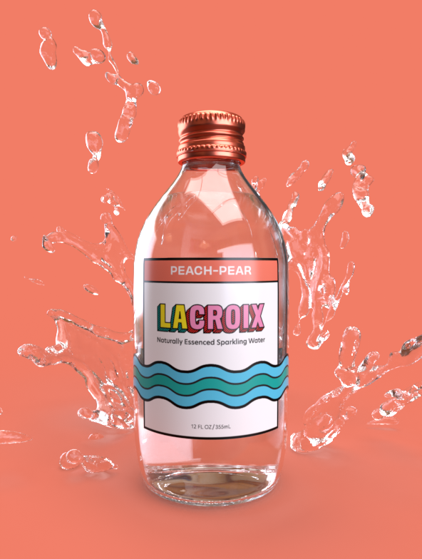 A rebranded glass bottle of peach-pear flavored LaCroix with a splash of water in the background