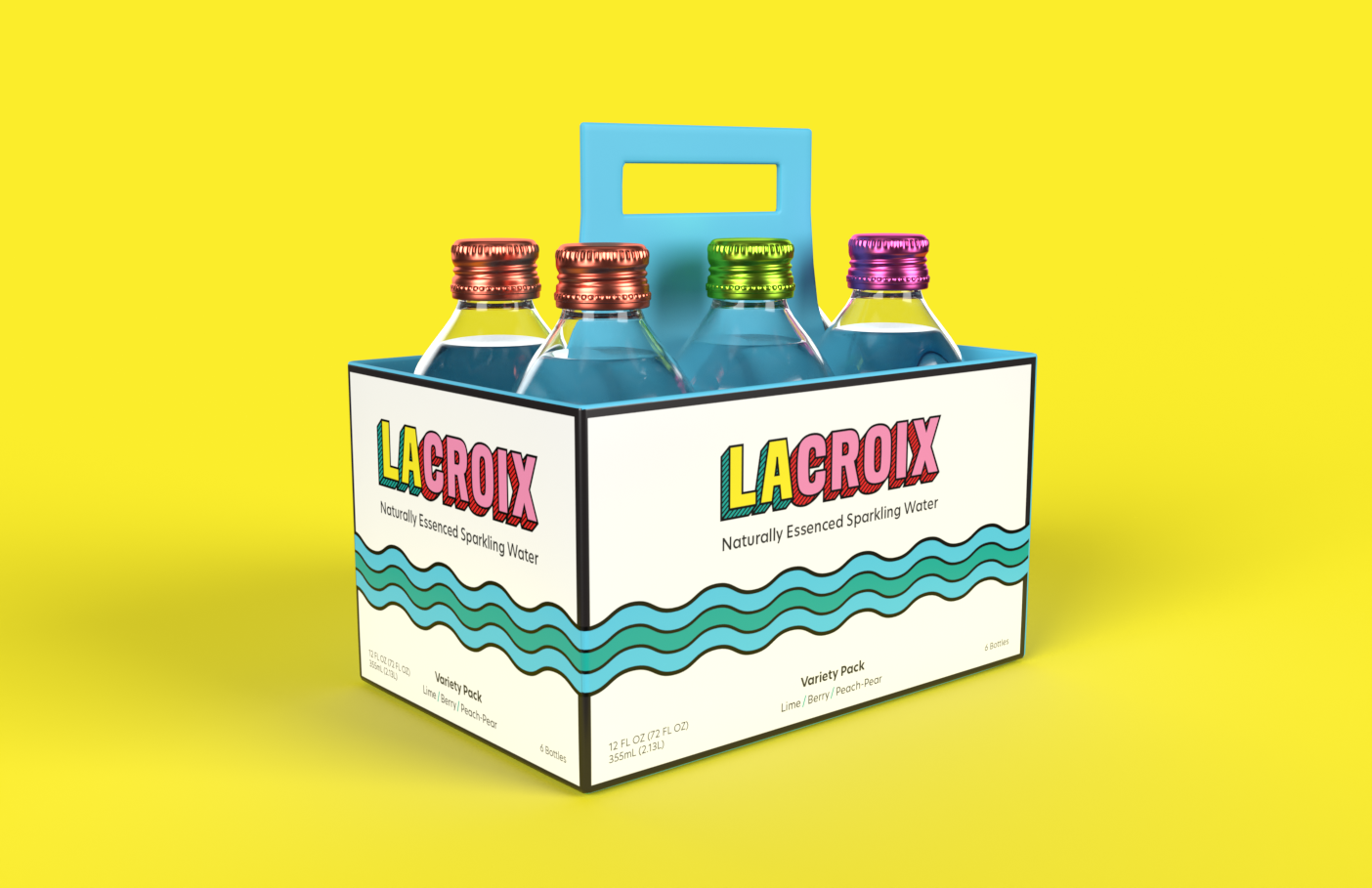 A rebranded six-pack case of LaCroix containing peach-pear, lime, and berry flavored drinks.