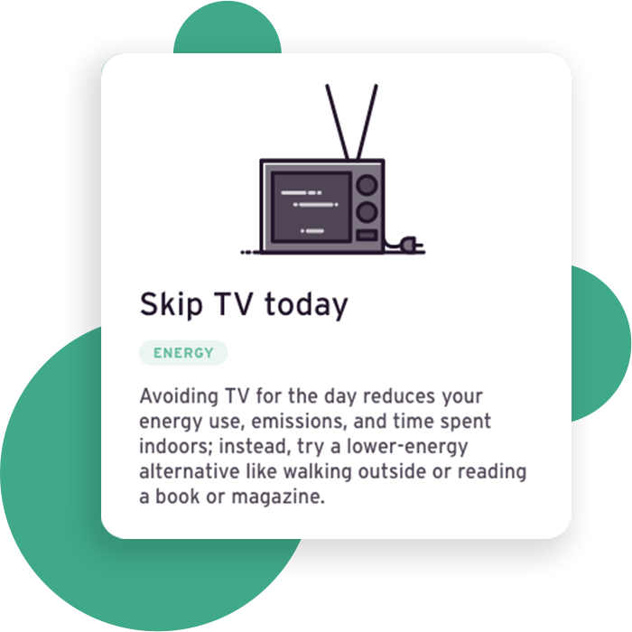 A detail view of a task card in the “energy” category titled “Skip TV today” that includes the cartoon television illustration and a brief description of of the task.