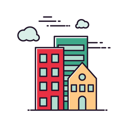 A cartoon illustration of three skyscraper buildings with clouds above them.