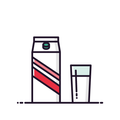 A cartoon illustration of a milk jug and a glass of milk.