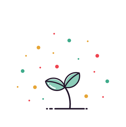 A cartoon illustration of a plant sprout surrounded by green, red, and yellow dots.