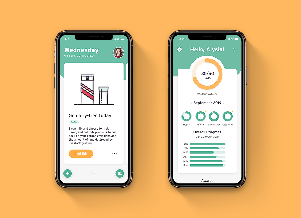 Phone screens showing a task to go dairy-free for a day and a user’s progress on their profile.