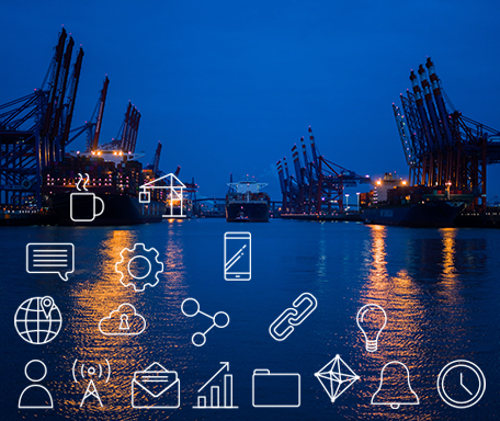 An assortment of XVELA icons over a blue-toned photo of a port.