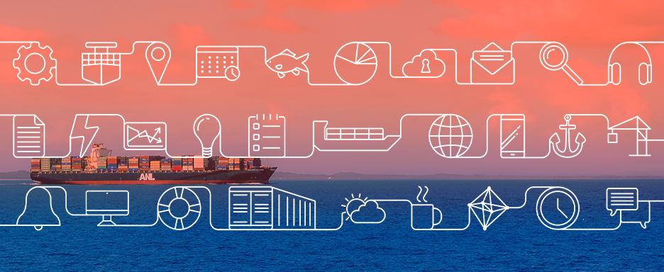 Three rows of XVELA icons, connected by lines, over a blue and orange-toned photo of a container ship at sea.