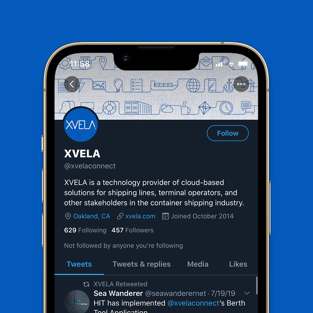 The top half of an iPhone displaying XVELA’s Twitter profile, where the icons are used as the cover image.