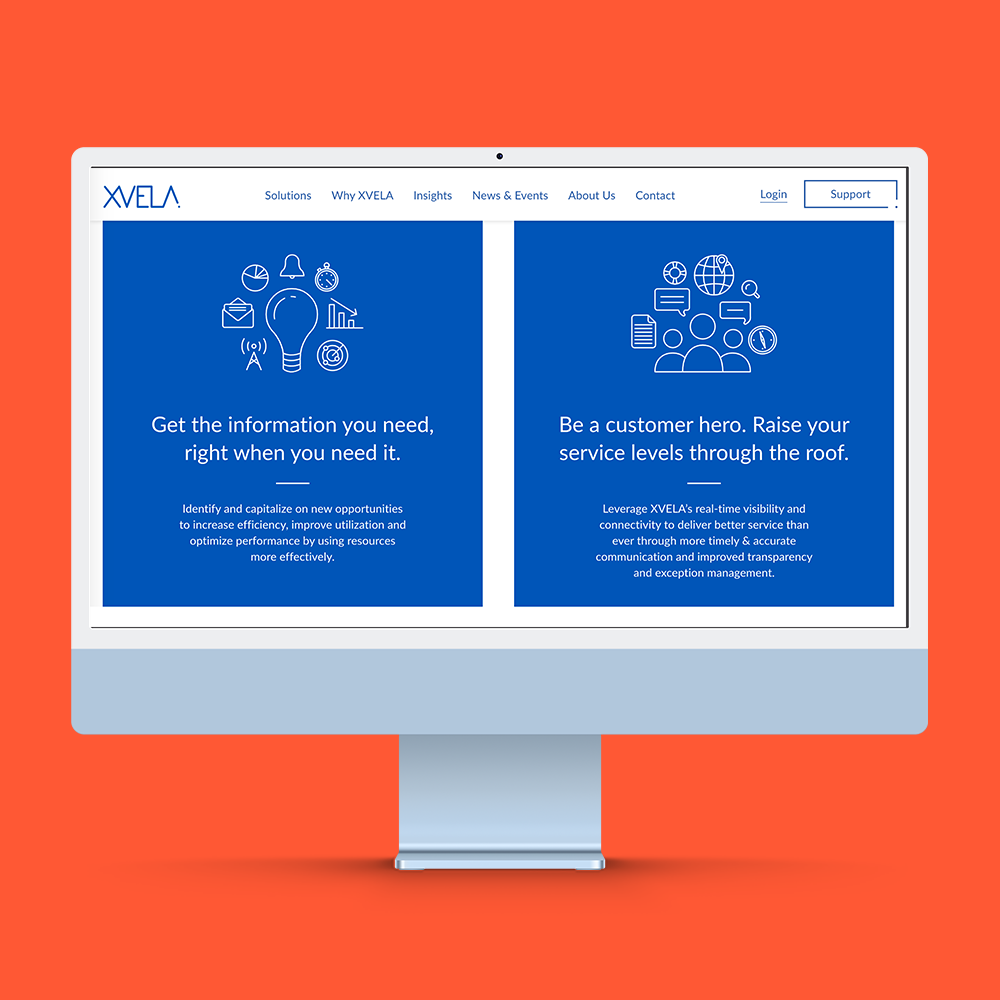 A computer displaying the icons alongside value propositions on XVELA’s website.
